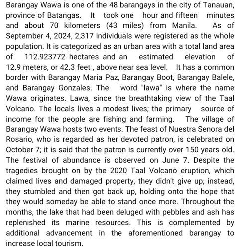 Demographic and Housing Characteristics of Barangay Wawa, .
